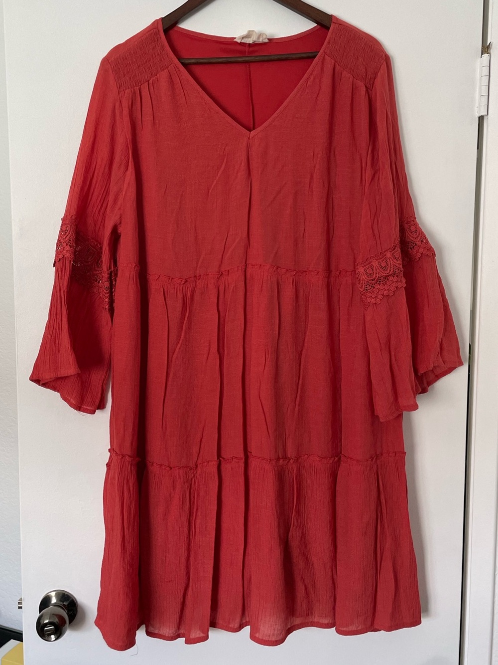 Just Found 2X Burnt Orange Tiered Dress Boho Crochet Lace Bell Sleeve Peasant